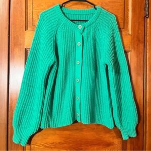 Women's Green Plain Button Front Raglan Sleeve Cardigan - Ribbed - Size Large